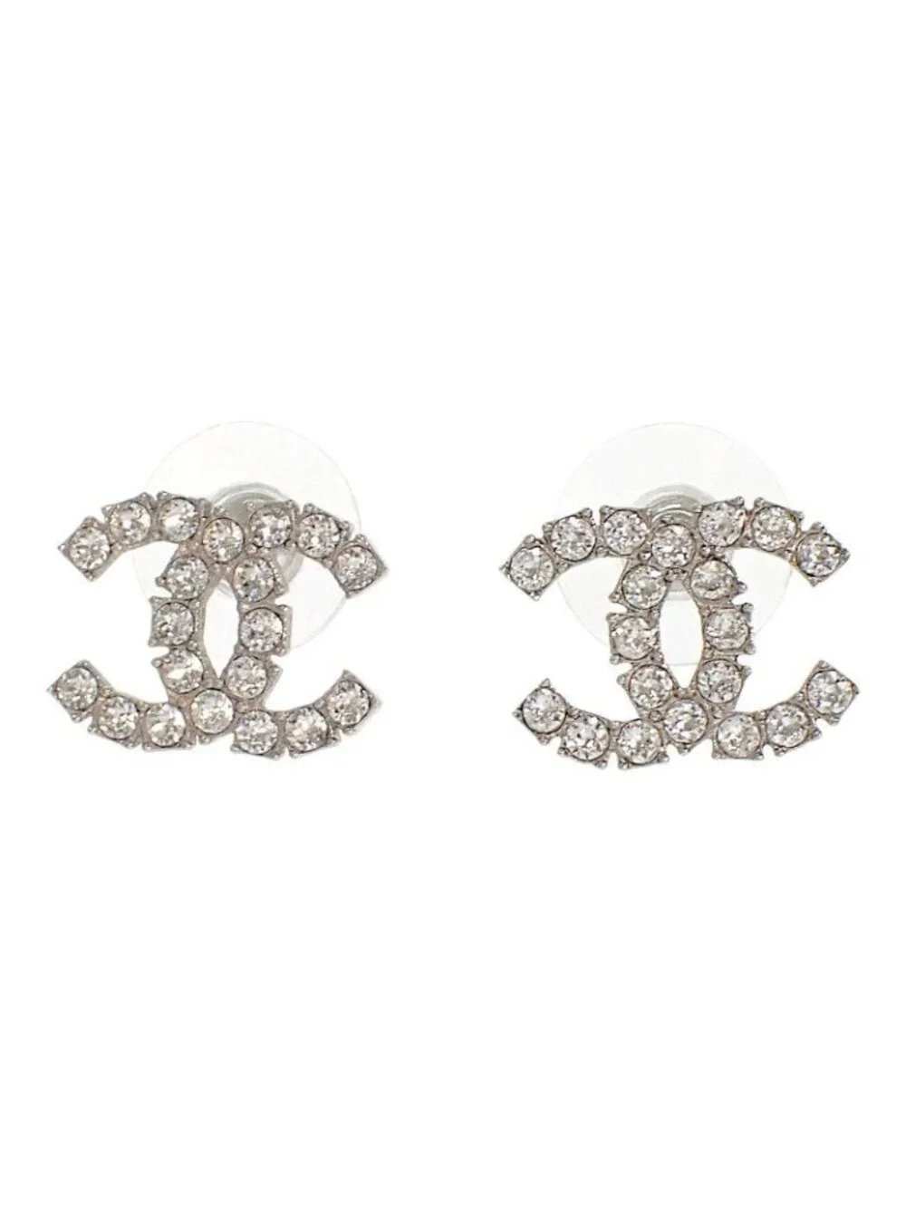 Chanel CC Logo Earrings Metal Crystal Silver Both Ears